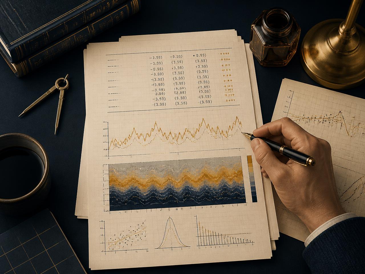 Table de travail d'économètre : sorties de régression, série temporelle et scalogramme en ondelettes